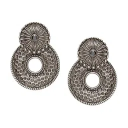 Sangria Silver-Toned Stones Studded Circular Oxidised Drop Earrings image 4