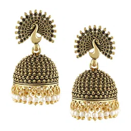 MEENAZ Gold-Plated Peacock Shaped Beaded Jhumkas image 4