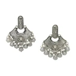 ADIVA Silver-Plated Pearl Beaded & Stone-Studded Oxidised Drop Earrings image 3