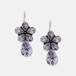 ATIBELLE Silver-Plated Stone Studded Floral Drop Earrings image 5