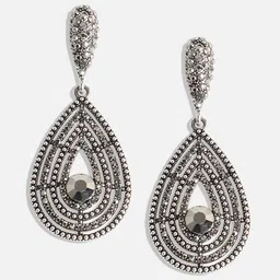 SOHI Silver-Toned Stone-Studded Teardrop Shaped Drop Earrings image 4