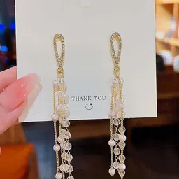 Pinapes Gold-Plated Classic Stone Studded & Beaded Drop Earrings image 2