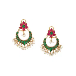 Unniyarcha 92.5 Silver Gold-Plated Kundan Studded & Beaded Crescent Shaped Chandbalis image 4