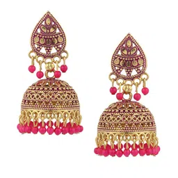 ANIKAS CREATION Magenta & Gold-Plated Contemporary Jhumkas Earrings image 2