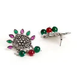 Anouk Green & Pink Silver-Plated Stones And Beads Studded Drop Earrings image 4