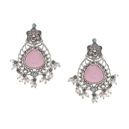 DASTOOR Silver-Plated Stone-Studded & Beaded Oxidised Contemporary Drop Earrings image 2