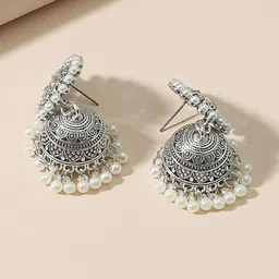 OOMPH Silver-Toned Dome Shaped Jhumkas Earrings image 3