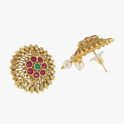 Adwitiya Collection 24 CT Gold-Plated Pink & White Stone-Studded Temple Studs Earrings image 4