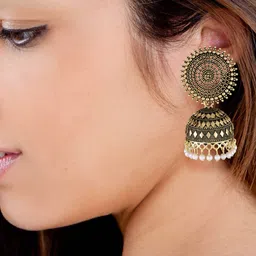 MEENAZ Gold-Plated 22kt Gold Oxidised Meenakari Pearls Contemporary Jhumka image 4