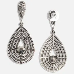 SOHI Silver-Toned Stone-Studded Teardrop Shaped Drop Earrings image 5