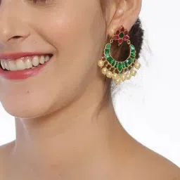 Unniyarcha 92.5 Silver Gold-Plated Kundan Studded & Beaded Crescent Shaped Chandbalis image 2