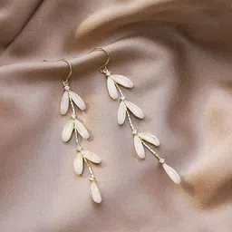 Yellow Chimes Gold Toned Leaf Layered Pearl Drop Danglers Earrings image 3