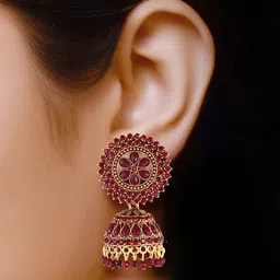 MEENAZ Gold-Plated American Diamond Studded Ethnic Jhumkas Earrings image 5