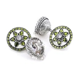 Bamboo Tree Jewels Silver Plated Dome Shaped Stone-Studded & Beaded Jhumkas image 5