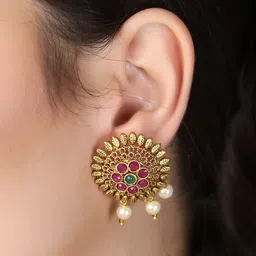 Adwitiya Collection 24 CT Gold-Plated Pink & White Stone-Studded Temple Studs Earrings image 5