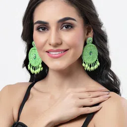 Moedbuille Silver Plated Green Handcrafted Beads & Pearls Contemporary Tassell Chandbalis image 3