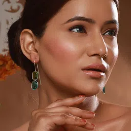 Saraf RS Jewellery Rhodium-Plated Oxidised Green Fishhook Minimal Drop Earrings image 3