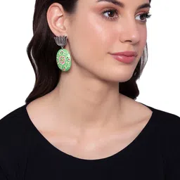 Shoshaa Silver-Plated Green & Pink Floral Drop Earrings image 4