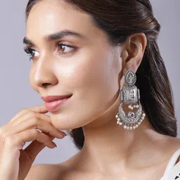 Rubans Women Oxidised Rhodium Plated White Pearls & Devine Laxmi Chandelier Earrings-picture-10