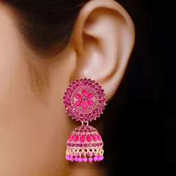 DIVASTRI Gold-Plated Stone Studded & Beaded Dome Shaped Jhumkas image 2