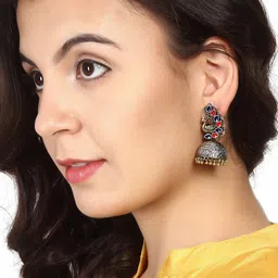 Rubans Silver-Toned Multicolored Peacock Shaped Jhumkas Earrings image 1