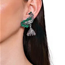 ATIBELLE Set of 2 Silver Plated Stone Studded Peacock & Floral Shaped Jhumkas image 4