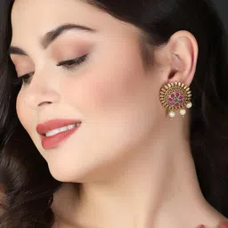 Adwitiya Collection 24 CT Gold-Plated Pink & White Stone-Studded Temple Studs Earrings image 2