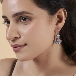 TEEJH Ayeshna Silver-Plated Floral Oxidised Drop Earrings image 5