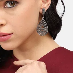 SOHI Silver-Toned Stone-Studded Teardrop Shaped Drop Earrings image 3