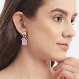 PRIVIU Rhodium Plated Teardrop Shaped AD Studded Drop Earrings image 2