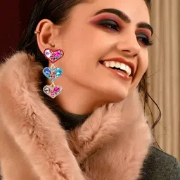 ODETTE Silver-Toned Pink Blue & Gold coloured Heart shaped Classic Half Hoop Earrings-picture-38