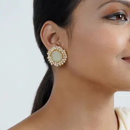 TEEJH Gold-Plated Stone Studded & Beaded Stud Earrings image 5