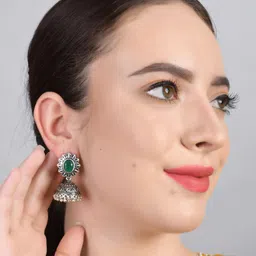 Bamboo Tree Jewels Silver Plated Stone-Studded Dome Shaped Jhumkas image 5