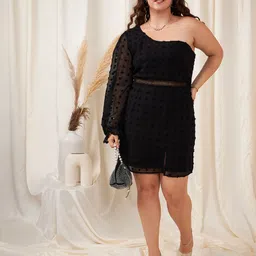 Berrylush Curve Plus Size Self Design One Shoulder Puff Sleeve Jacquard Bodycon Mini Dress image 5