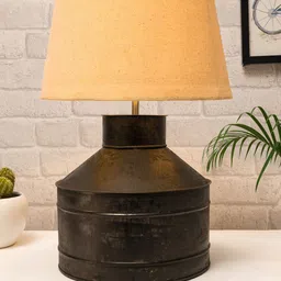 Homesake Adults Beige Solid Metal Table Lamp with Khadi drum shade Black Rust Finish-picture-35