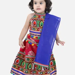 BownBee Girls Pink & Blue Embroidered Thread Work Ready To Wear Lehenga Blouse Dupatta-image-52