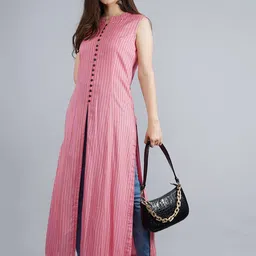 KALINI Women Pink & Red Striped Kurta With High Slit image 3
