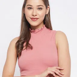 LE BOURGEOIS Women Peach-Coloured Solid High Neck Fitted Crop Top-picture-23