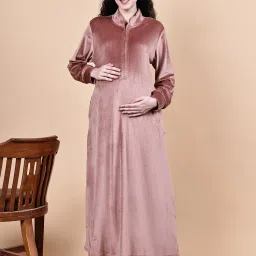 Secret Wish Pink Solid Velvet Winter Maternity Nighty-picture-36