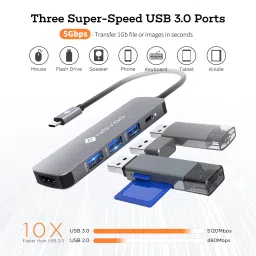 Novoo 5-in-1 USB 3.0 Type C to USB 3.0 Type A, HDMI Type A, USB Type C USB Hub (100 Watt Power Delivery, Grey) image 5