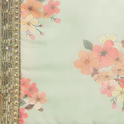 Sangria Olive Green & Red Floral Printed Organza Saree With Sequinned Blouse piece image 3