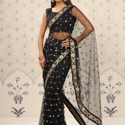 Ode by House of Pataudi Floral Embellished Sequinned Supernet Heavy Work Saree-picture-27