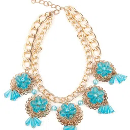 ODETTE Gold-Toned & Blue Beads Studded Statement Necklace-picture-15