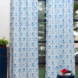 URBAN SPACE White & Blue 2 Pieces Floral Printed Long Door Curtains-picture-38