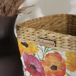 HABERE INDIA Beige & White Floral Printed Seagrass Open Dustbin image 2