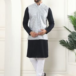 SOJANYA Ethnic Motifs Regular Sequinned Pure Cotton Kurta with Churidar & Nehru Jacket-picture-28