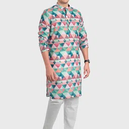 SHIWAM ETHNIX Men Green Printed Regular Straight Cotton Kurta image 3