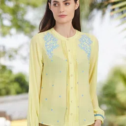 Moda Elementi Floral Embroidered Cuffed Sleeves Shirt Style Top-picture-38