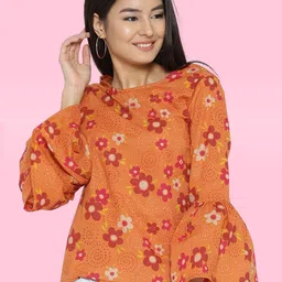 Sera Women Orange & Pink Floral Printed Pure Cotton Regular Top image 1