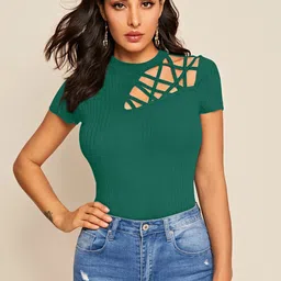 Stylecast X Slyck Green Self Design Cut Out Detail Fitted Top image 1